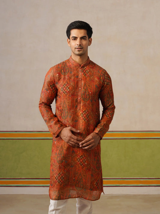Rusk Orange Silk Kurta Pant Set