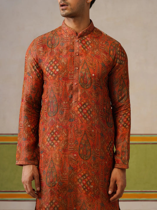 Rusk Orange Silk Kurta Pant Set