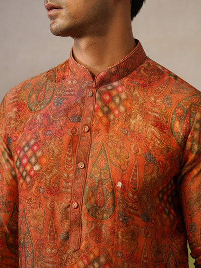 Rusk Orange Silk Kurta Pant Set