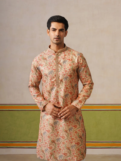 Beige Brocket Silk Kurta Only