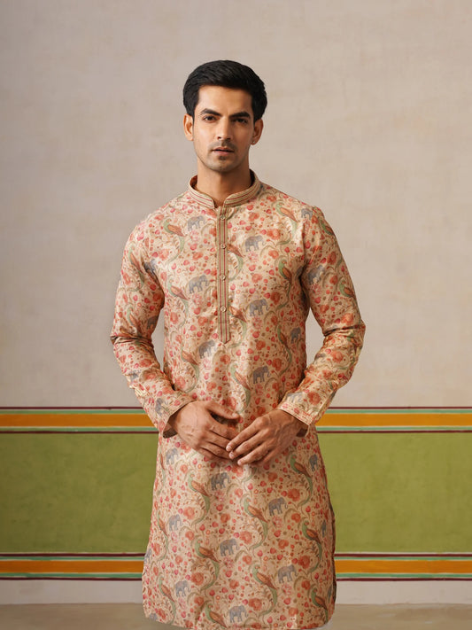 Beige Brocket Silk Kurta Only