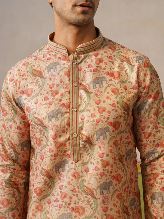 Beige Brocket Silk Kurta Only