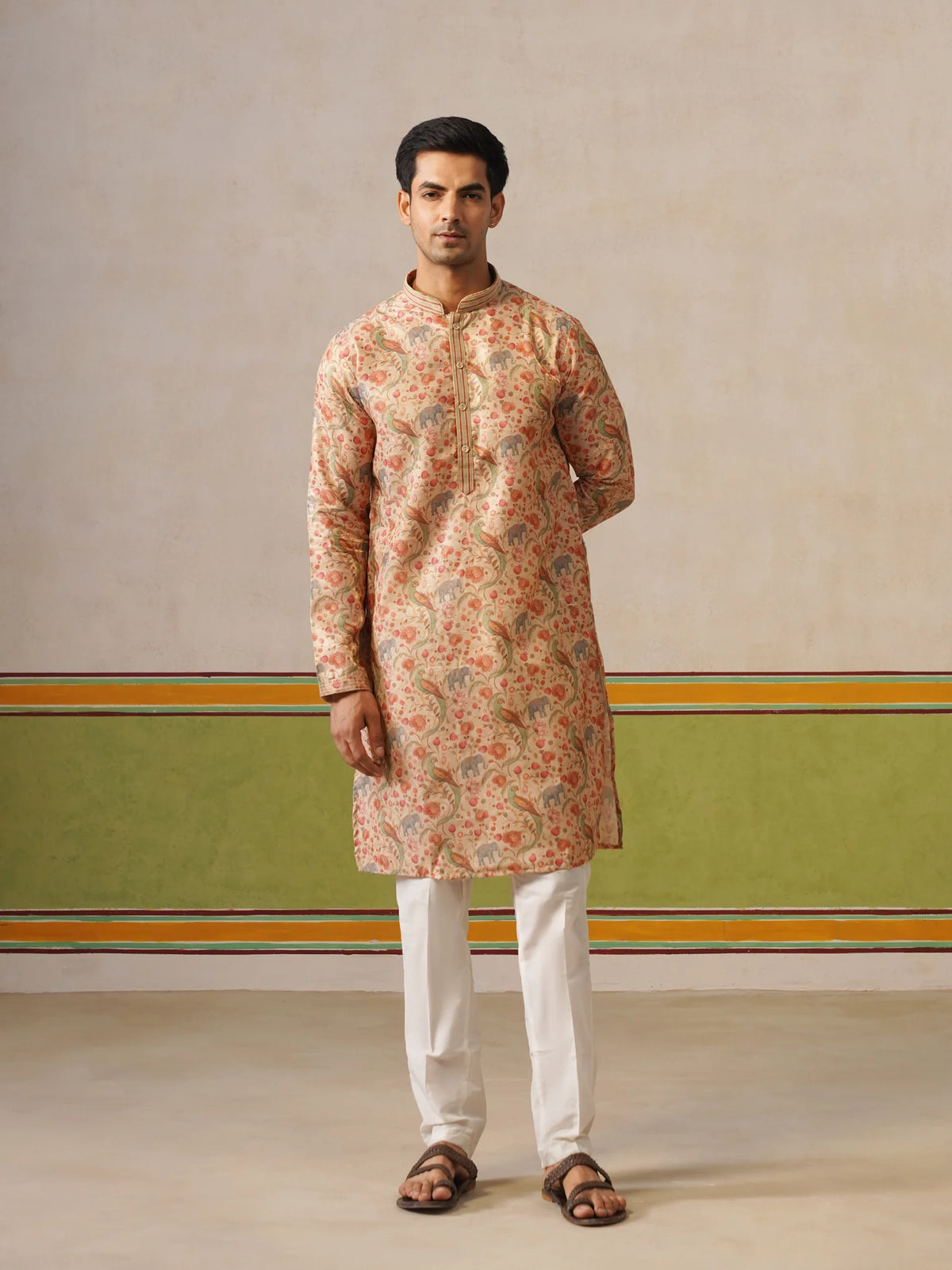 Beige Brocket Silk Kurta Only
