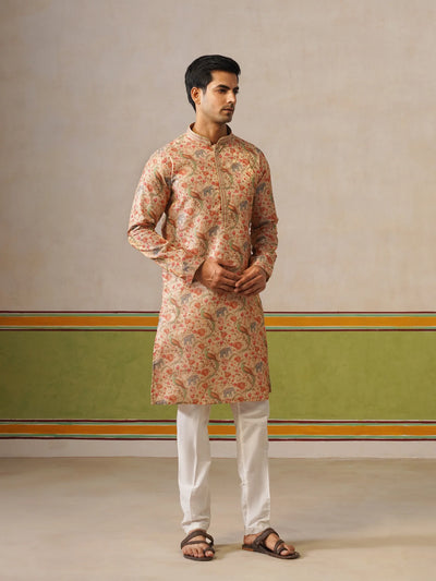 Beige Brocket Silk Kurta Only