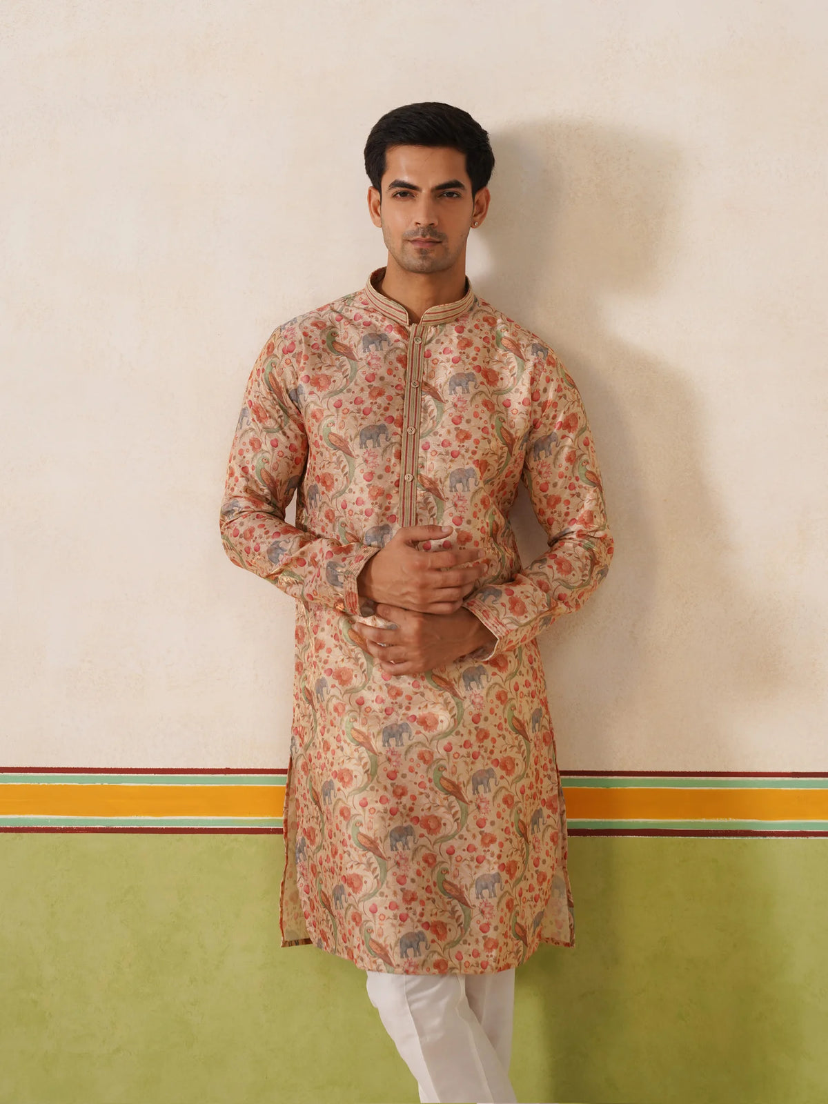 Beige Brocket Silk Kurta Only