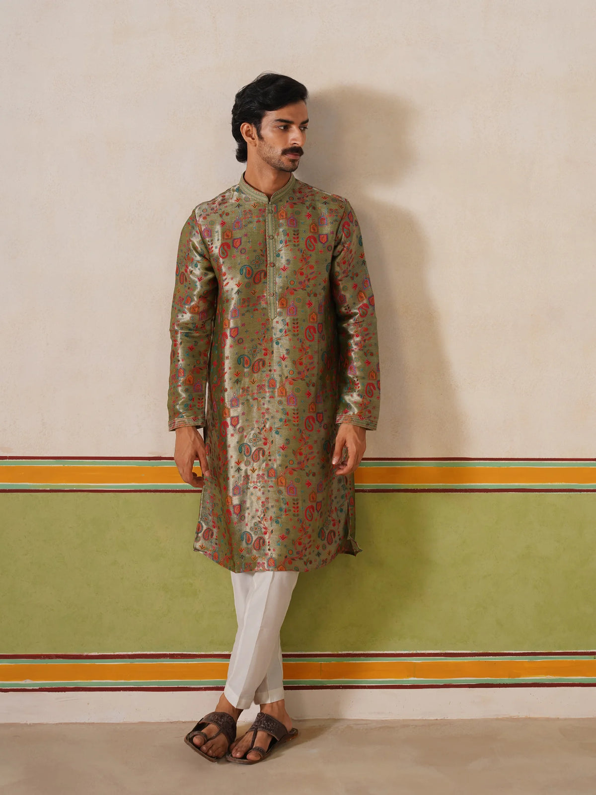 Sage Green Jamewar Silk Kurta Pant Set
