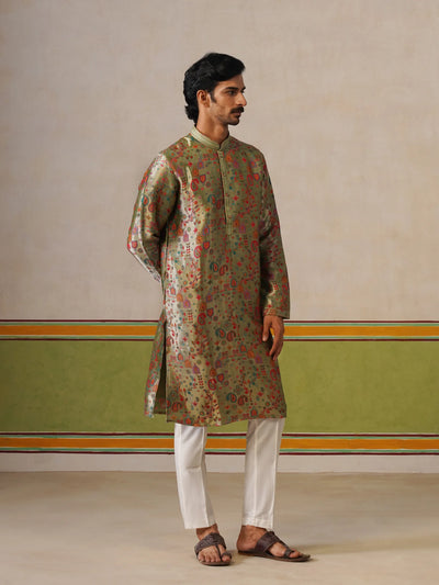 Sage Green Jamewar Silk Kurta Pant Set