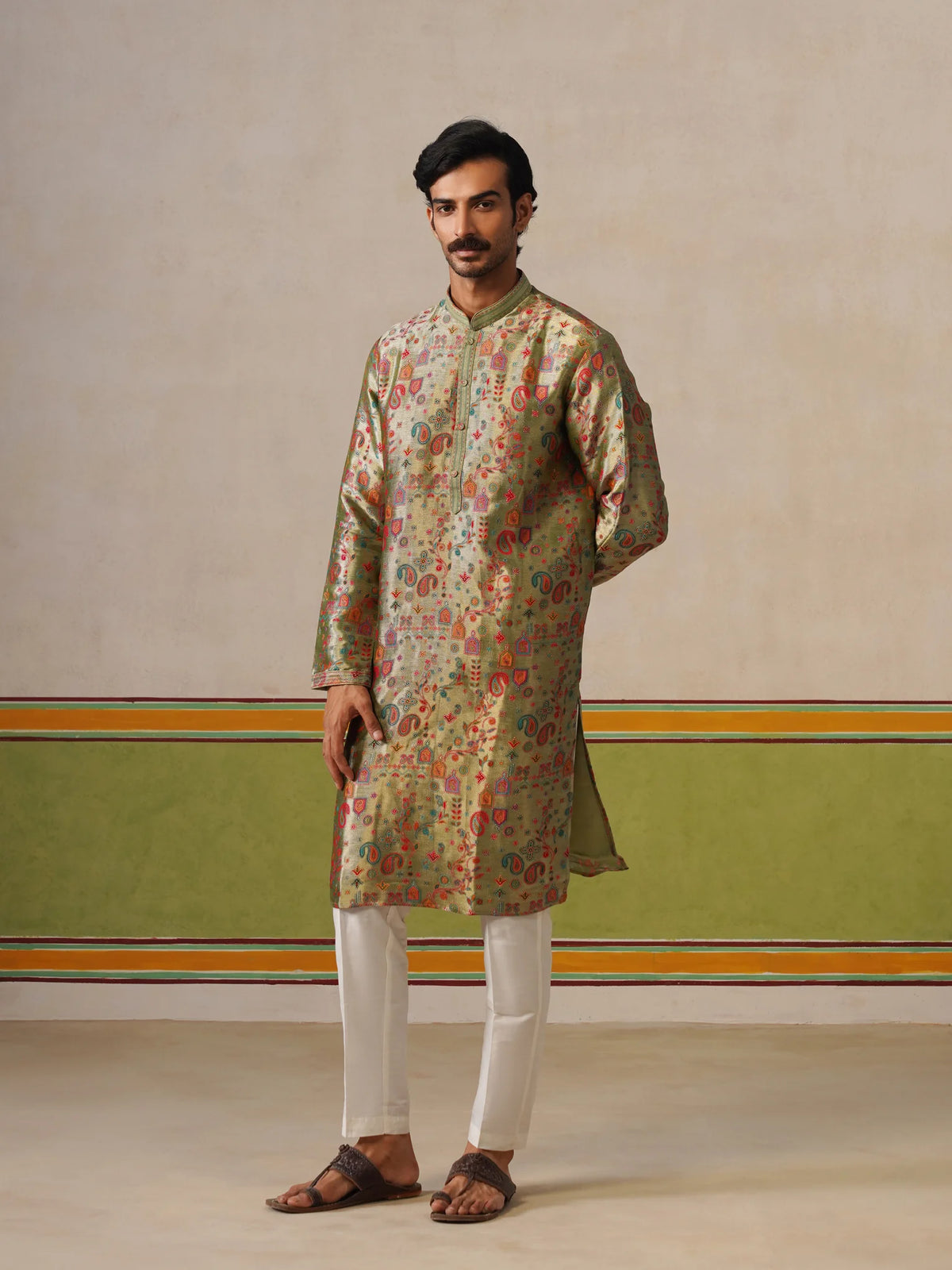 Sage Green Jamewar Silk Kurta Pant Set