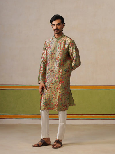 Sage Green Jamewar Silk Kurta Pant Set