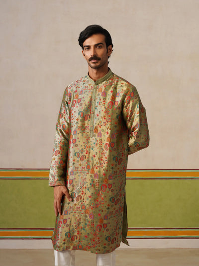 Sage Green Jamewar Silk Kurta Pant Set