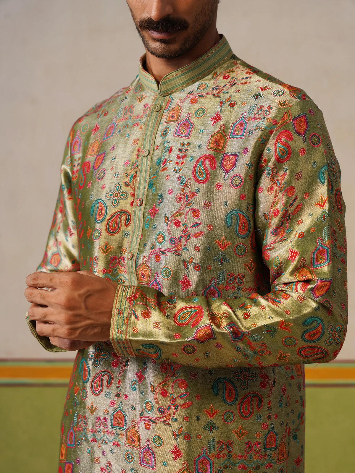 Sage Green Jamewar Silk Kurta Pant Set