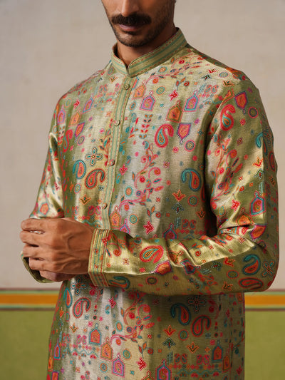 Sage Green Jamewar Silk Kurta Pant Set
