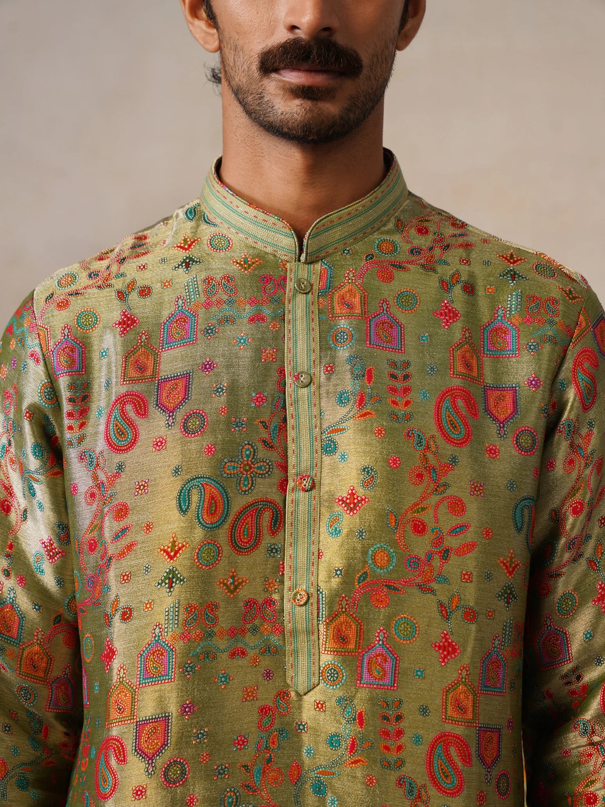 Sage Green Jamewar Silk Kurta Pant Set
