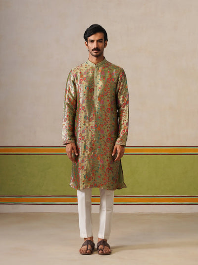 Sage Green Jamewar Silk Kurta Pant Set