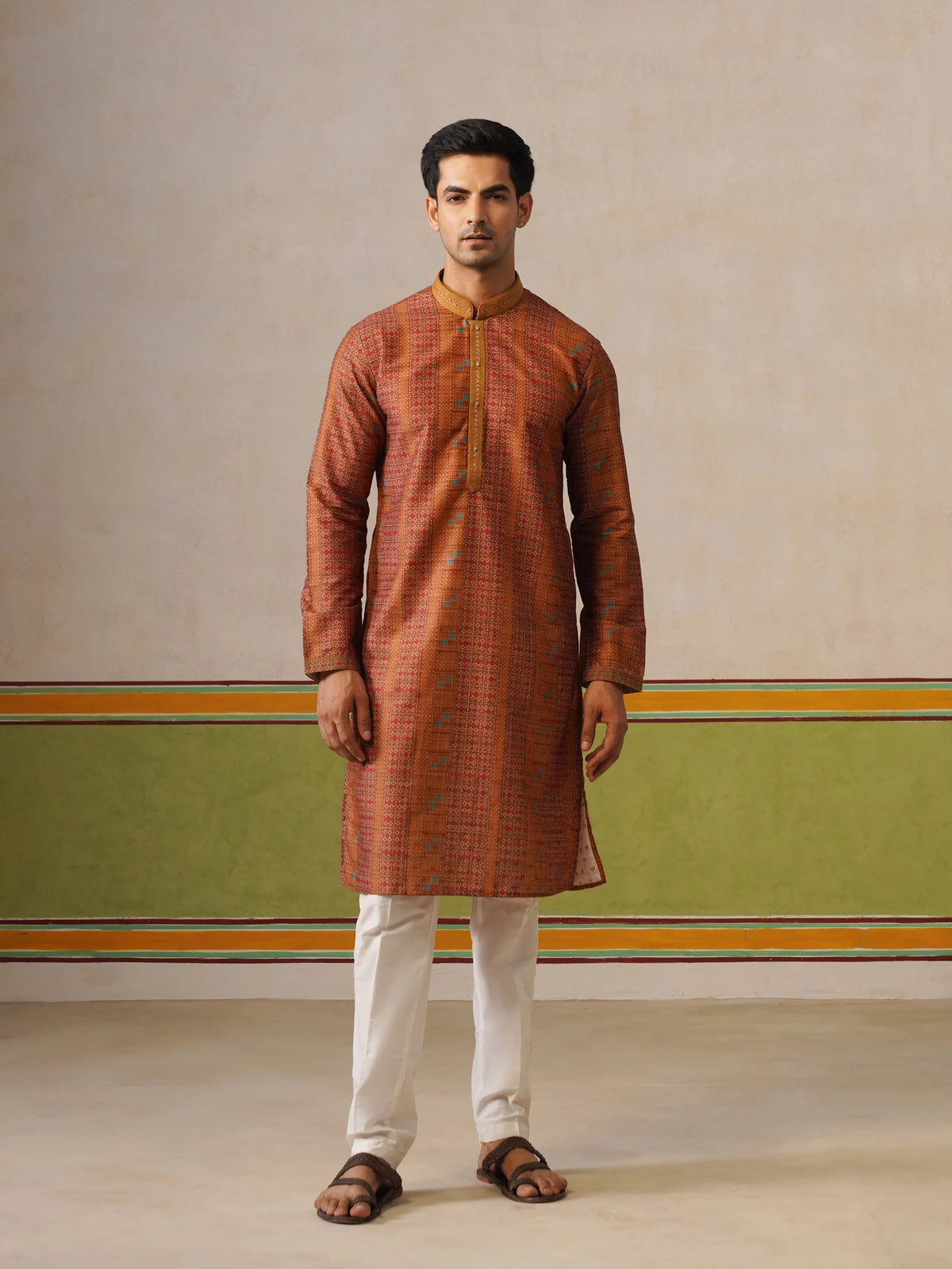 Mustard Silk Printed Kurta Only