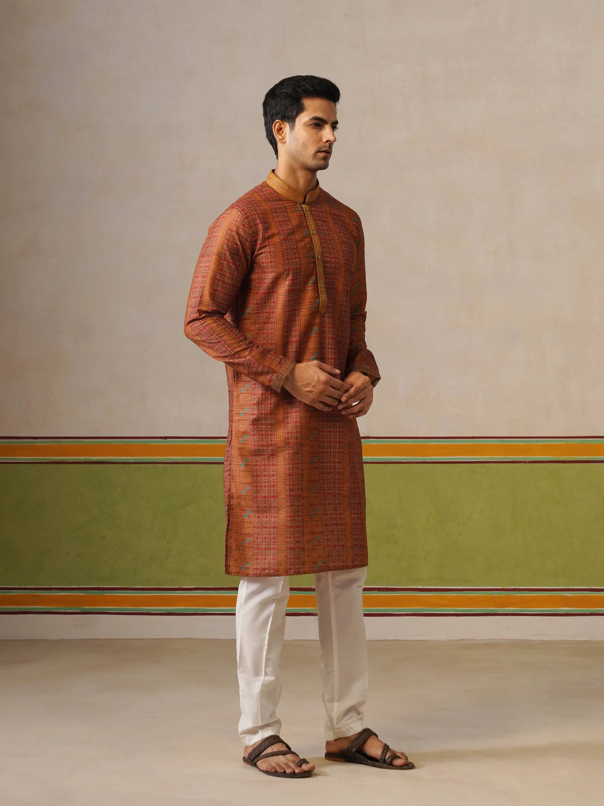 Mustard Silk Printed Kurta Only