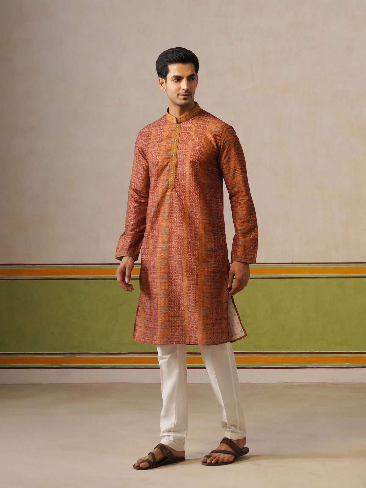 Mustard Silk Printed Kurta Only