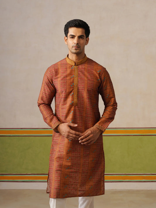 Mustard Silk Printed Kurta Only