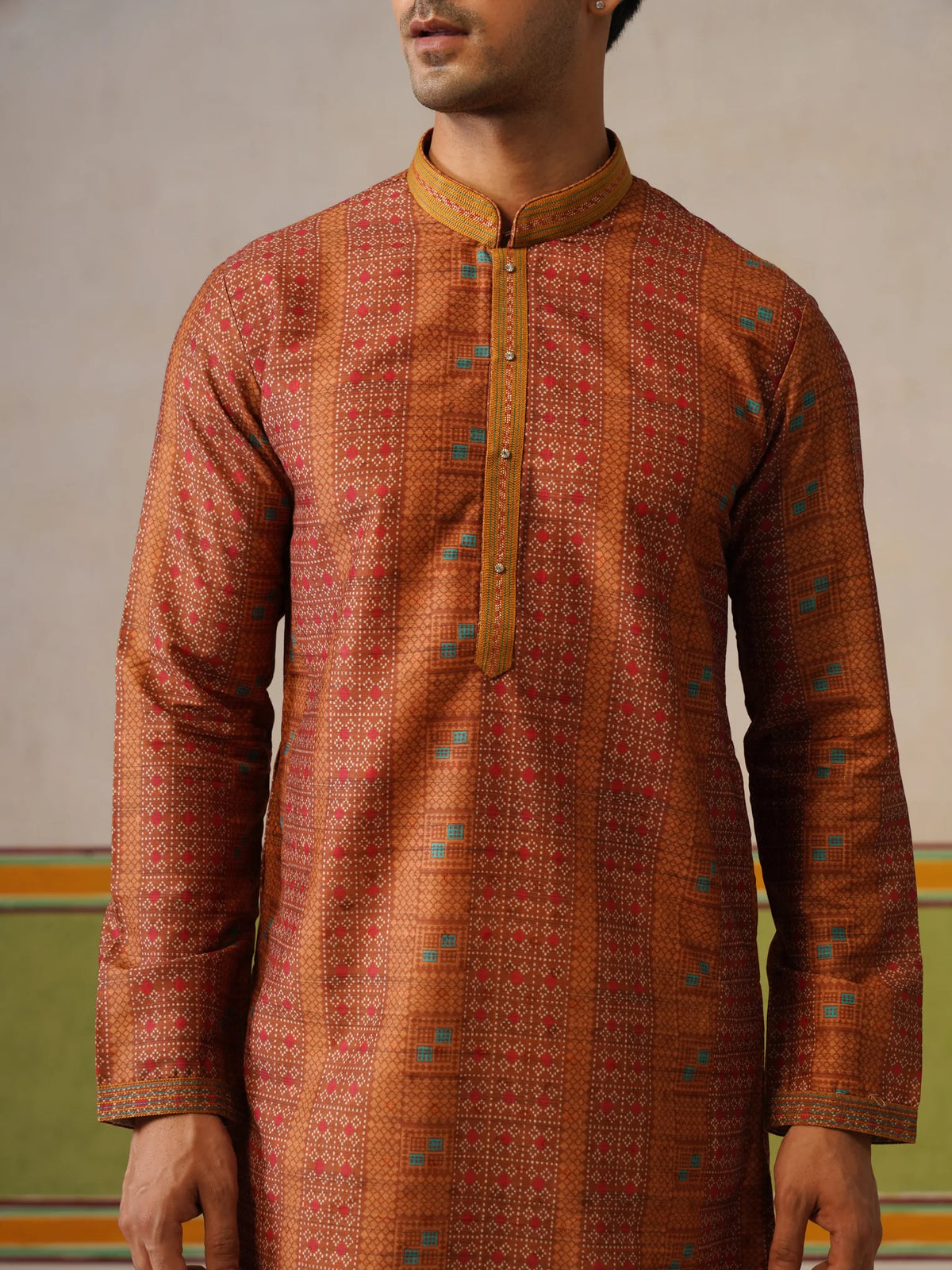 Mustard Silk Printed Kurta Only