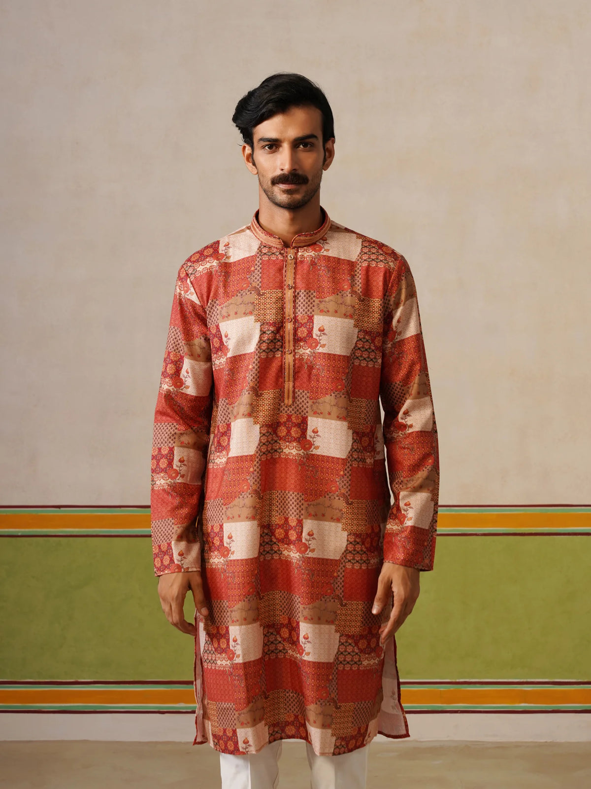 Cream Printed Kurta with Neck Design