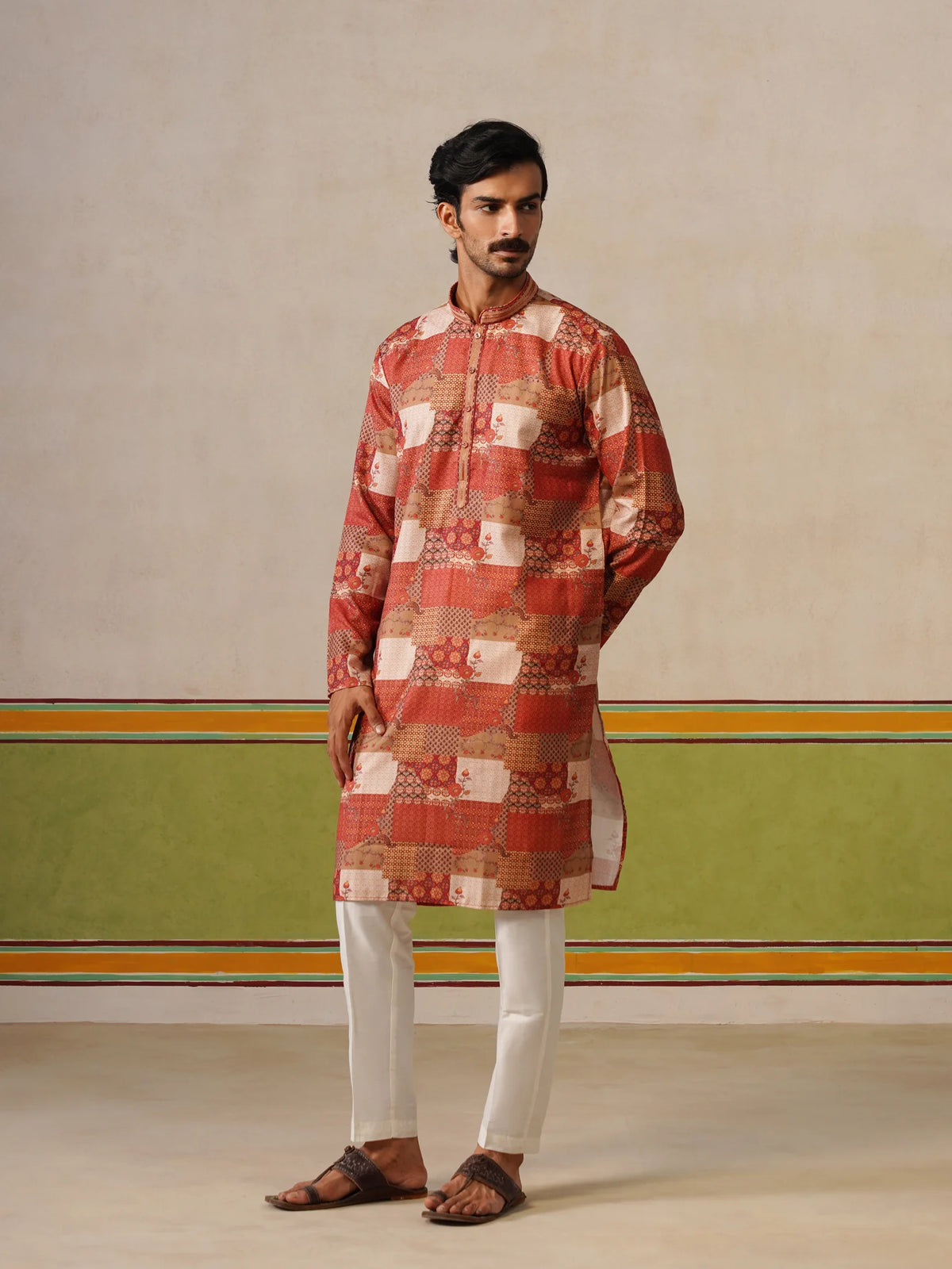 Cream Printed Kurta with Neck Design