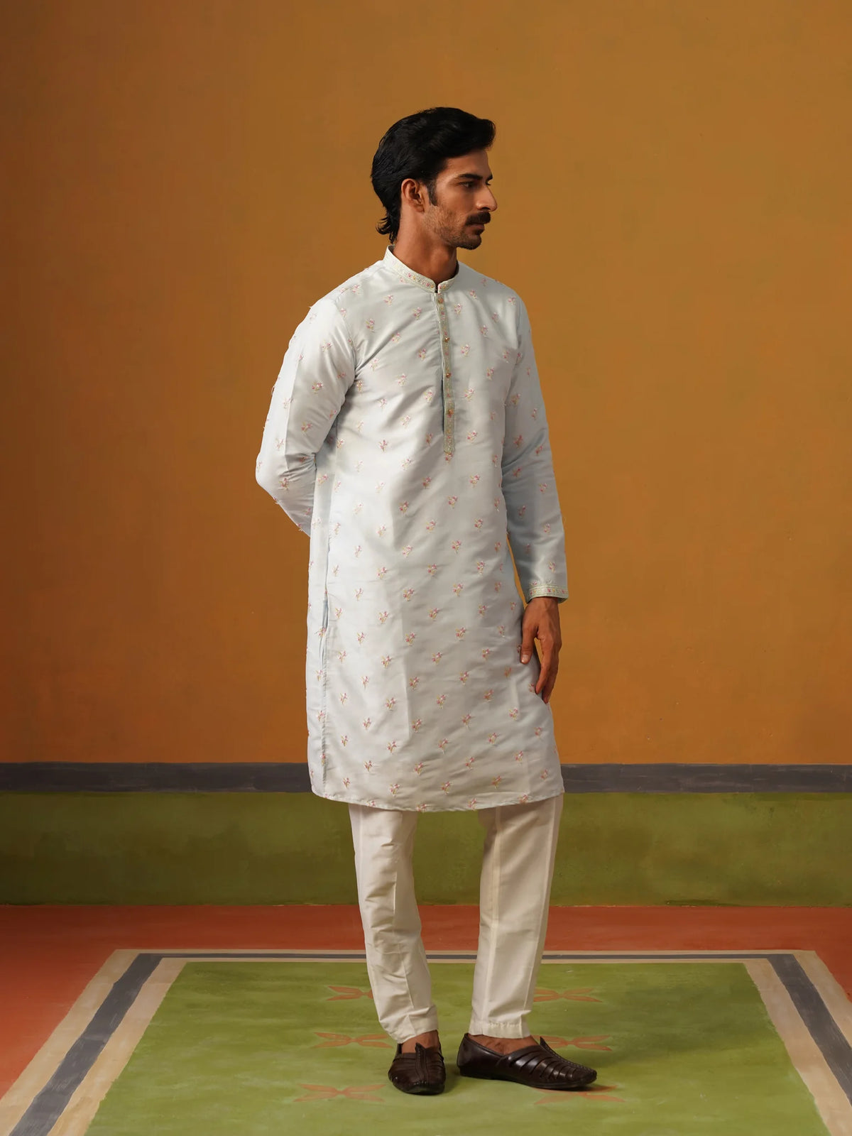 Sky Blue Embroidered Silk Kurta with Pants