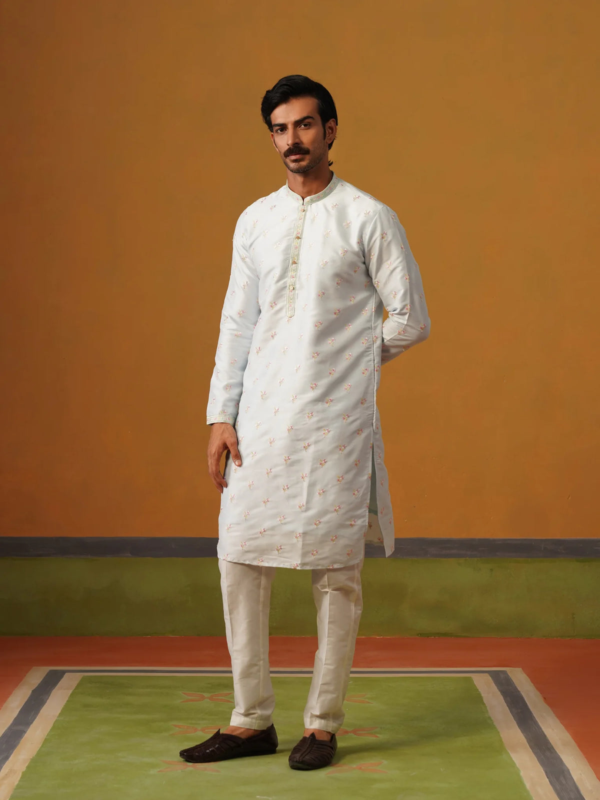 Sky Blue Embroidered Silk Kurta with Pants