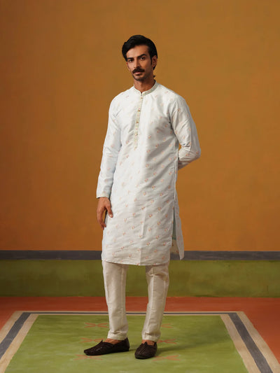 Sky Blue Embroidered Silk Kurta with Pants