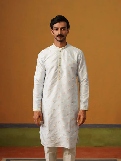 Sky Blue Embroidered Silk Kurta with Pants