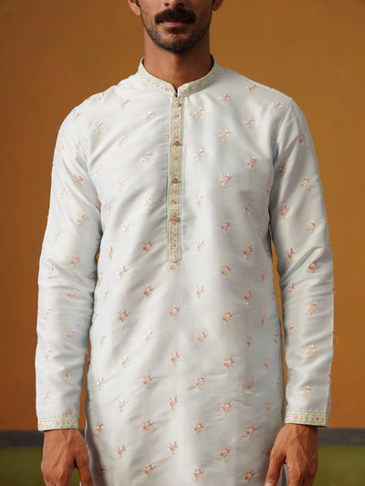 Sky Blue Embroidered Silk Kurta with Pants