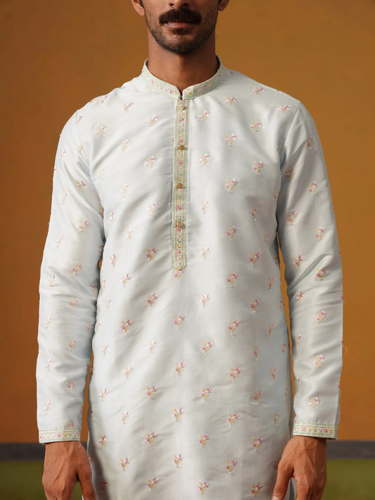 Sky Blue Embroidered Silk Kurta with Pants