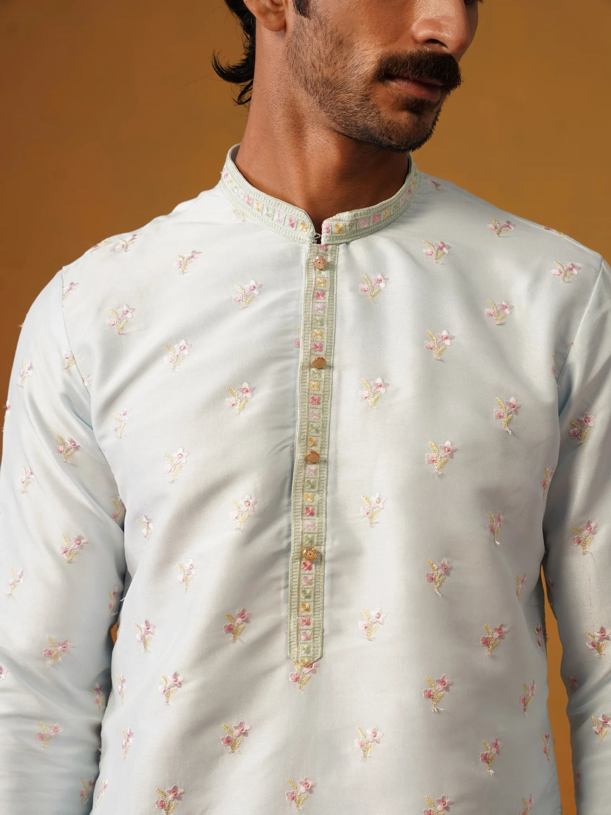 Sky Blue Embroidered Silk Kurta with Pants