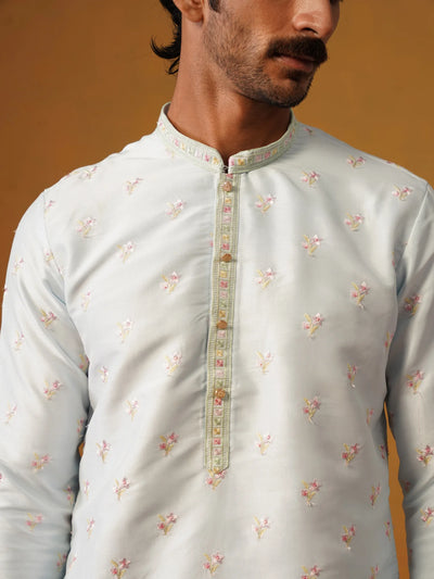 Sky Blue Embroidered Silk Kurta with Pants