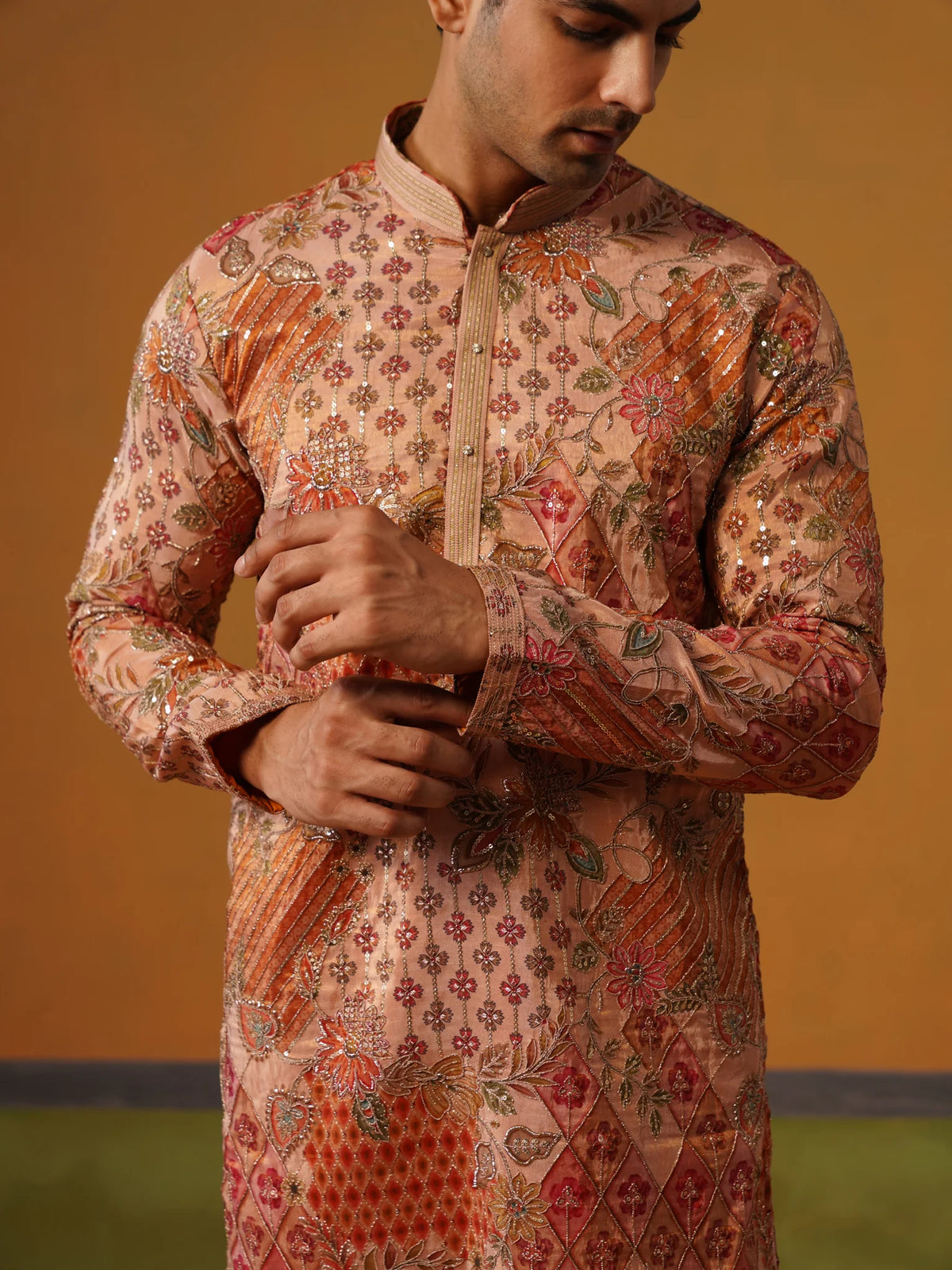 Peach Printed with Embroidery Kurta with Baggy Pant