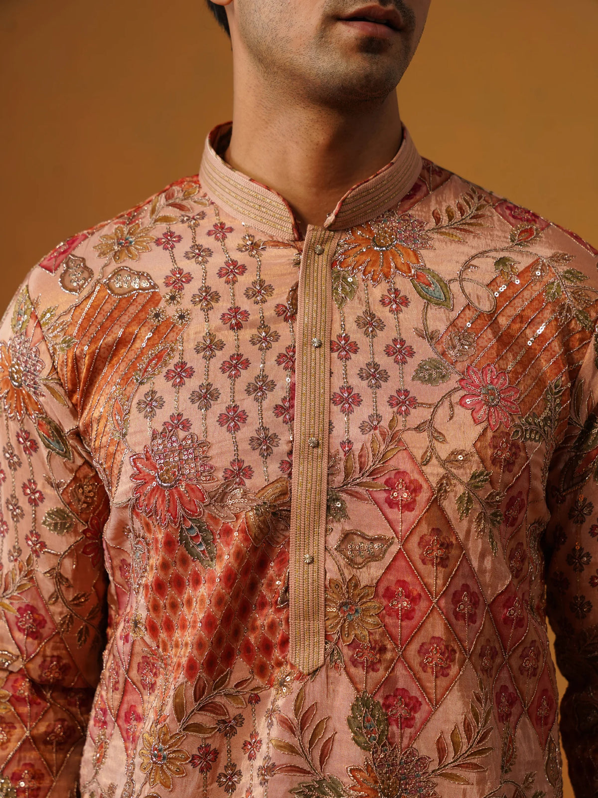 Peach Printed with Embroidery Kurta with Baggy Pant