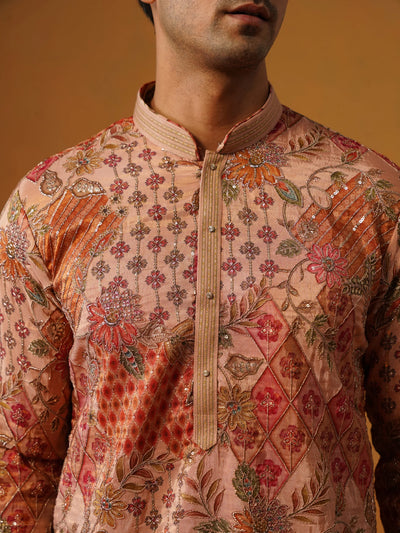 Peach Printed with Embroidery Kurta with Baggy Pant