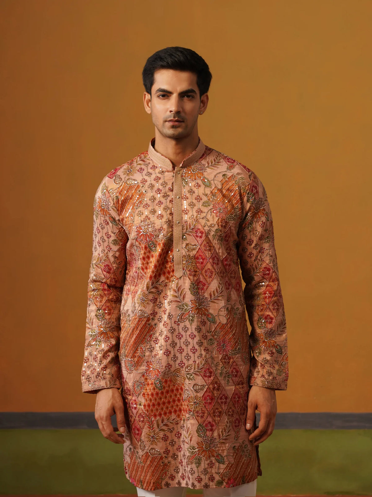 Peach Printed with Embroidery Kurta with Baggy Pant