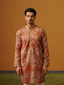 Peach Printed with Embroidery Kurta with Baggy Pant