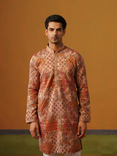 Peach Printed with Embroidery Kurta with Baggy Pant