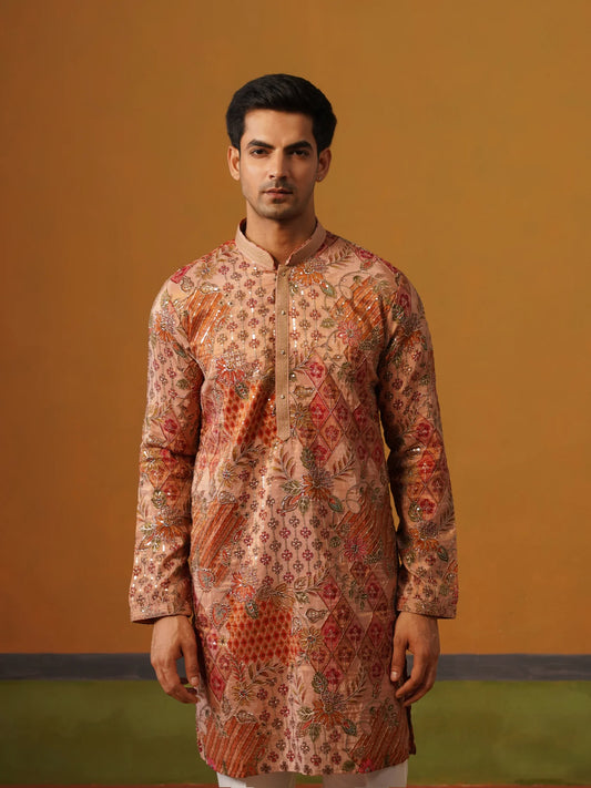 Peach Printed with Embroidery Kurta with Baggy Pant
