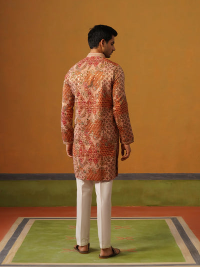 Peach Printed with Embroidery Kurta with Baggy Pant