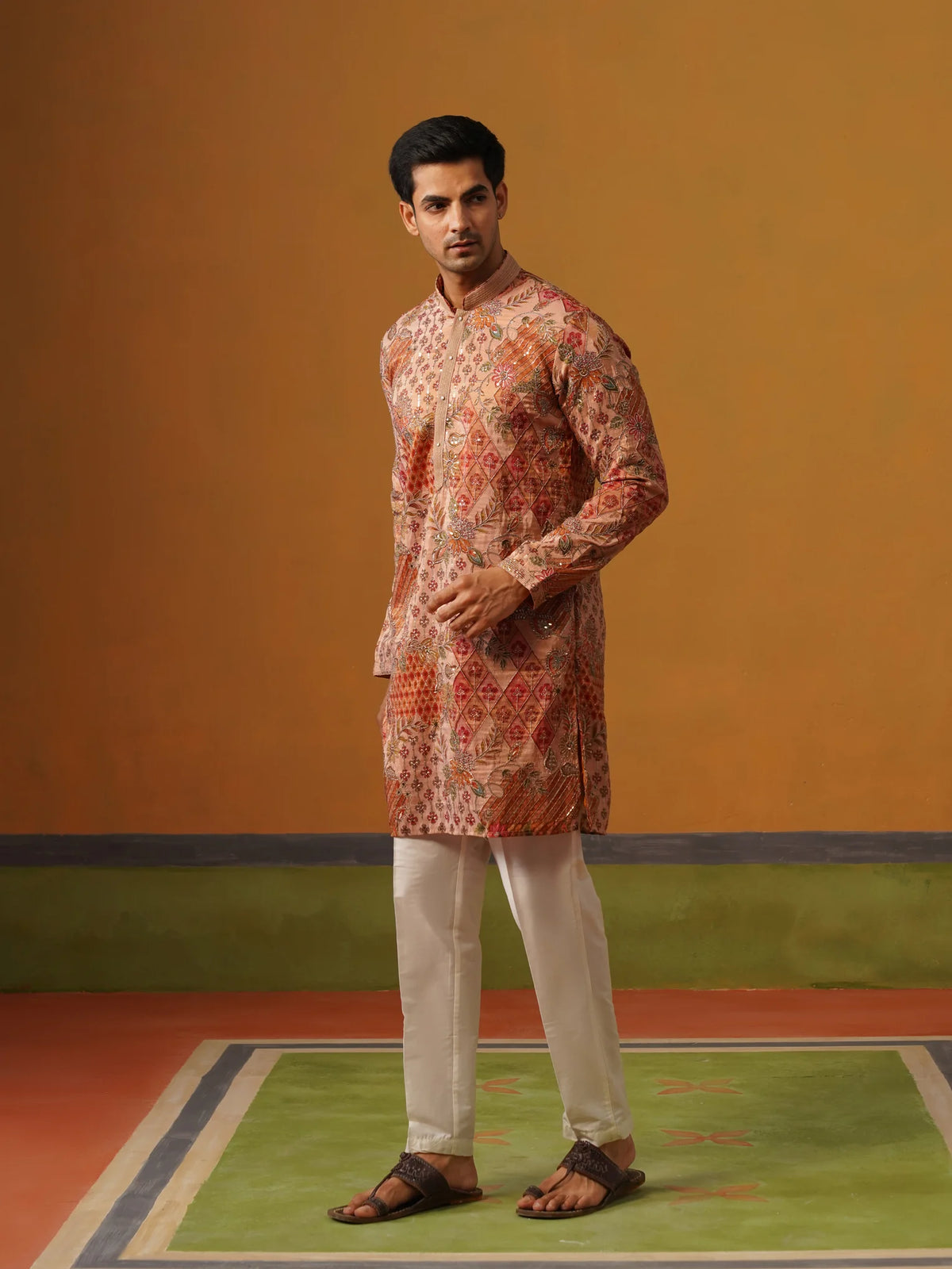 Peach Printed with Embroidery Kurta with Baggy Pant