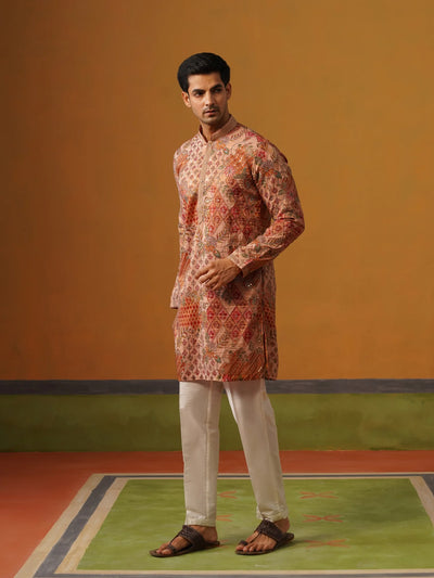 Peach Printed with Embroidery Kurta with Baggy Pant