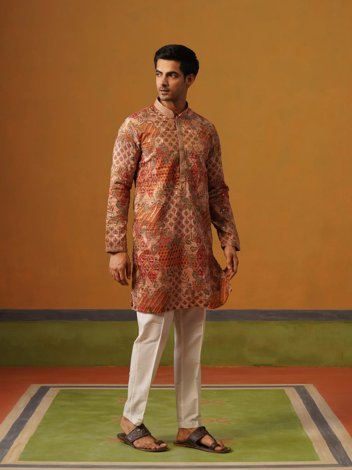 Peach Printed with Embroidery Kurta with Baggy Pant