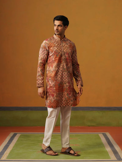 Peach Printed with Embroidery Kurta with Baggy Pant
