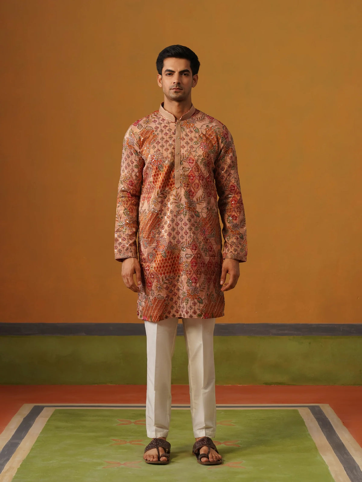 Peach Printed with Embroidery Kurta with Baggy Pant