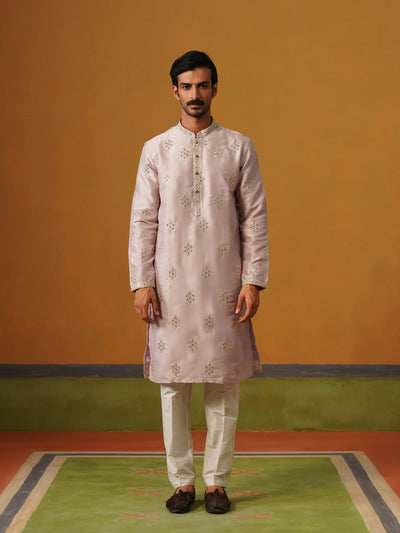 Lilac Embroidered Silk Kurta Pant Set
