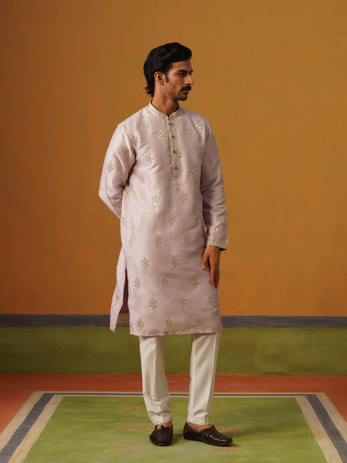 Lilac Embroidered Silk Kurta Pant Set