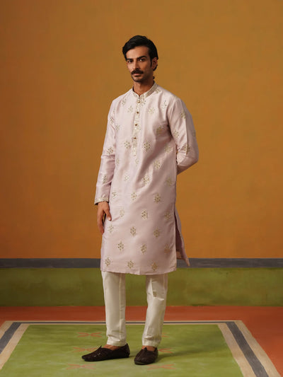 Lilac Embroidered Silk Kurta Pant Set