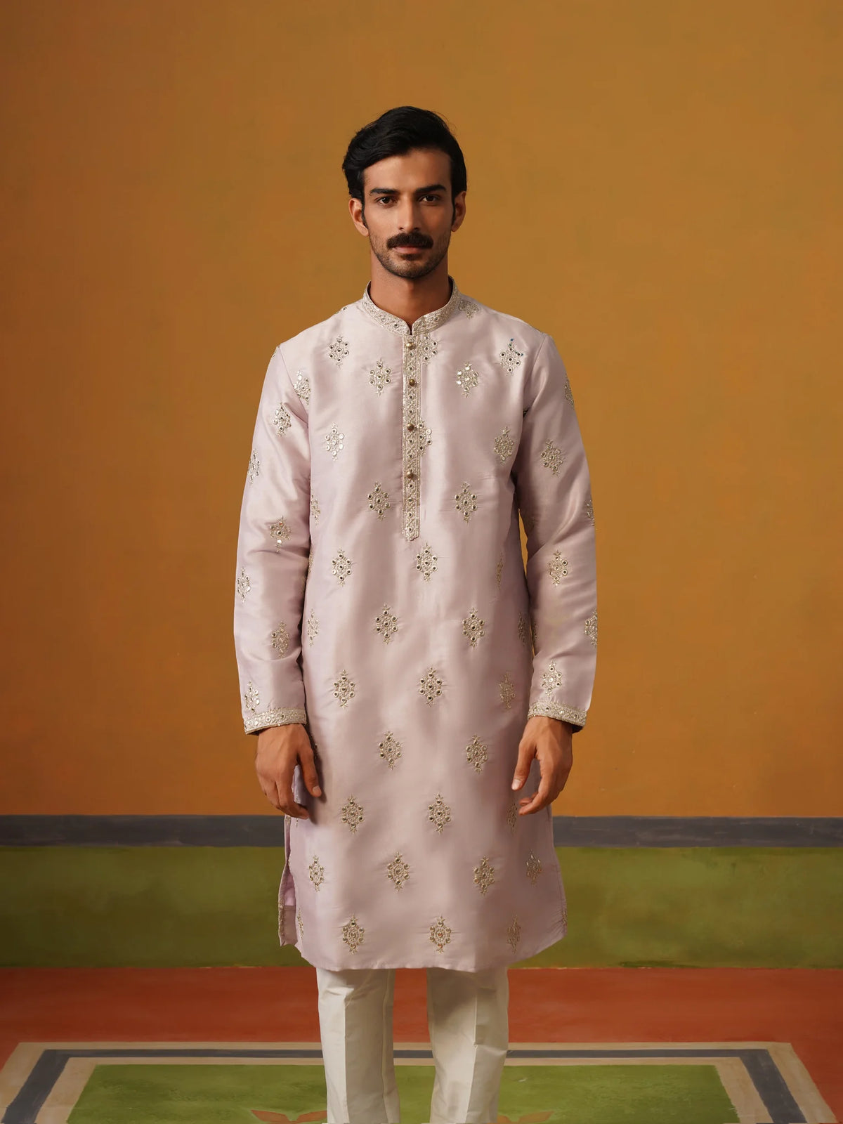Lilac Embroidered Silk Kurta Pant Set